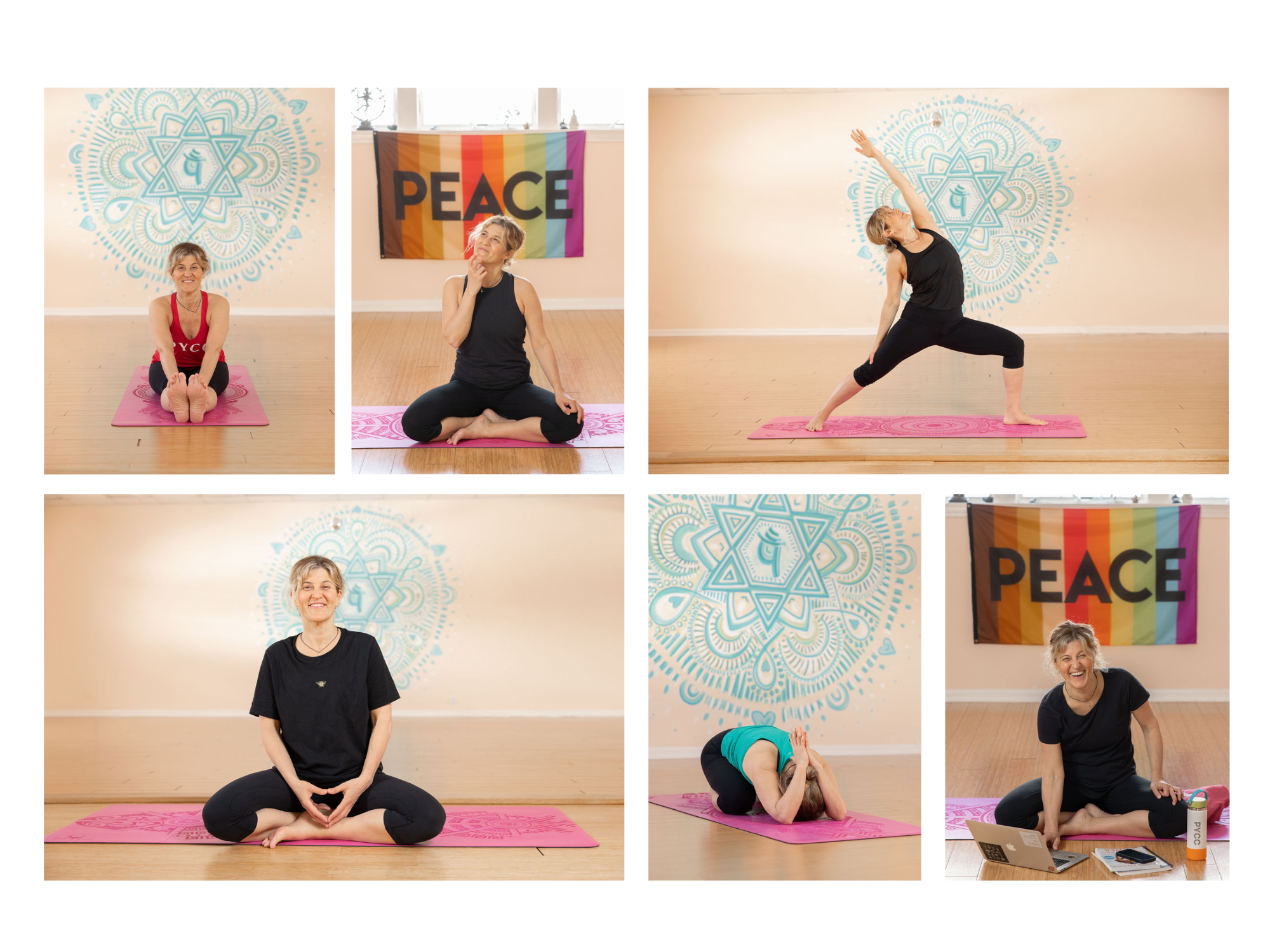 portraits of a yoga teacher posing in verious yoga poses and smiling.