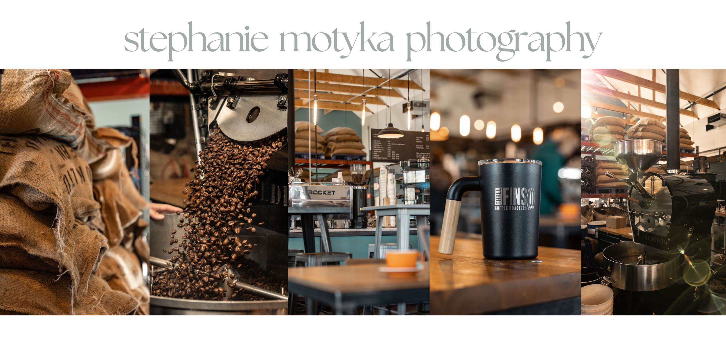 banner for stephanie motyka photography showing images from a coffee shop of coffee bags, beans, a branded black mug, and coffee roaster
