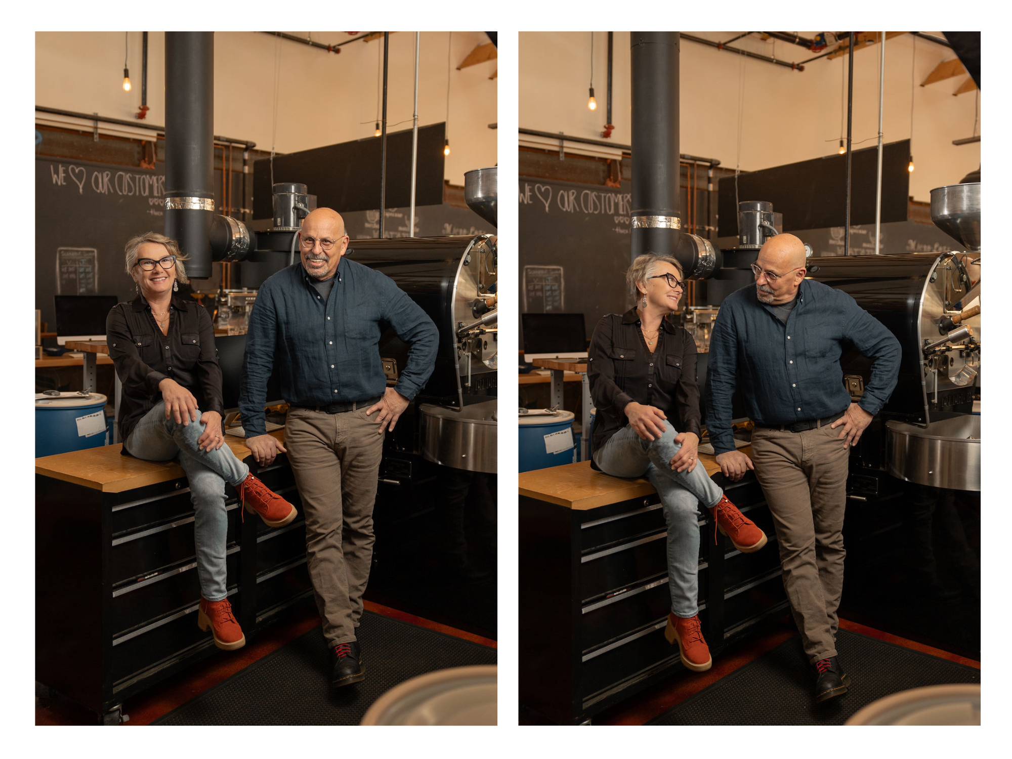 two images of two people having their portrait taken in front of a coffee roaster. The woman is msiling and sitting and the man is standing looking happy.