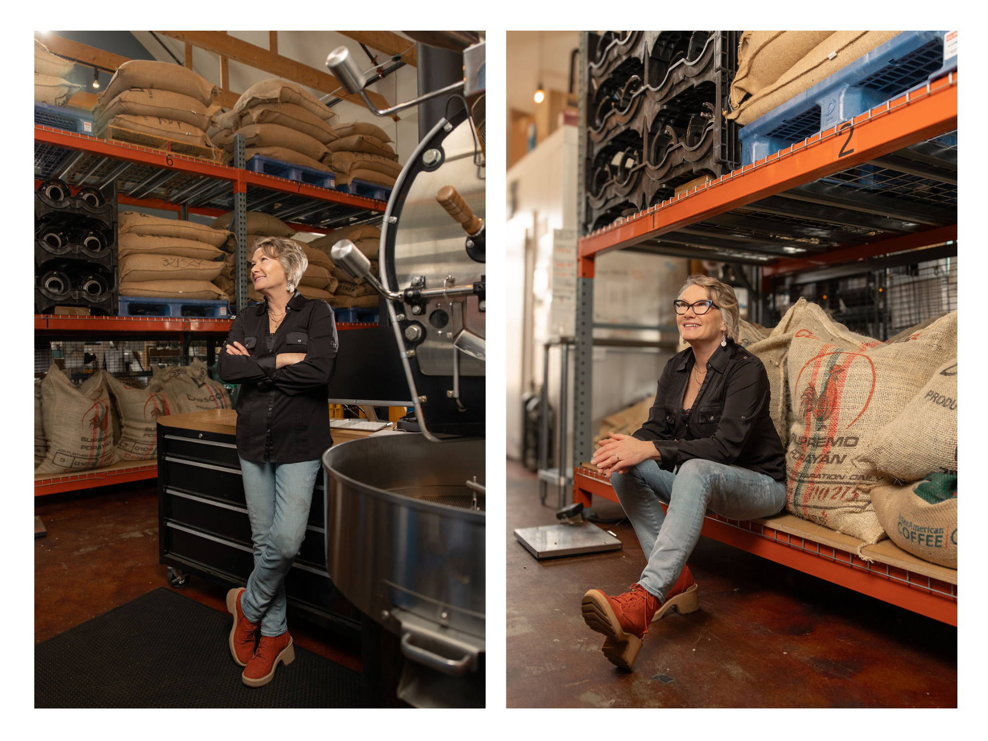 woman posing for a portrait for her coffee business. She is wearing jeans and a black top and smiling.