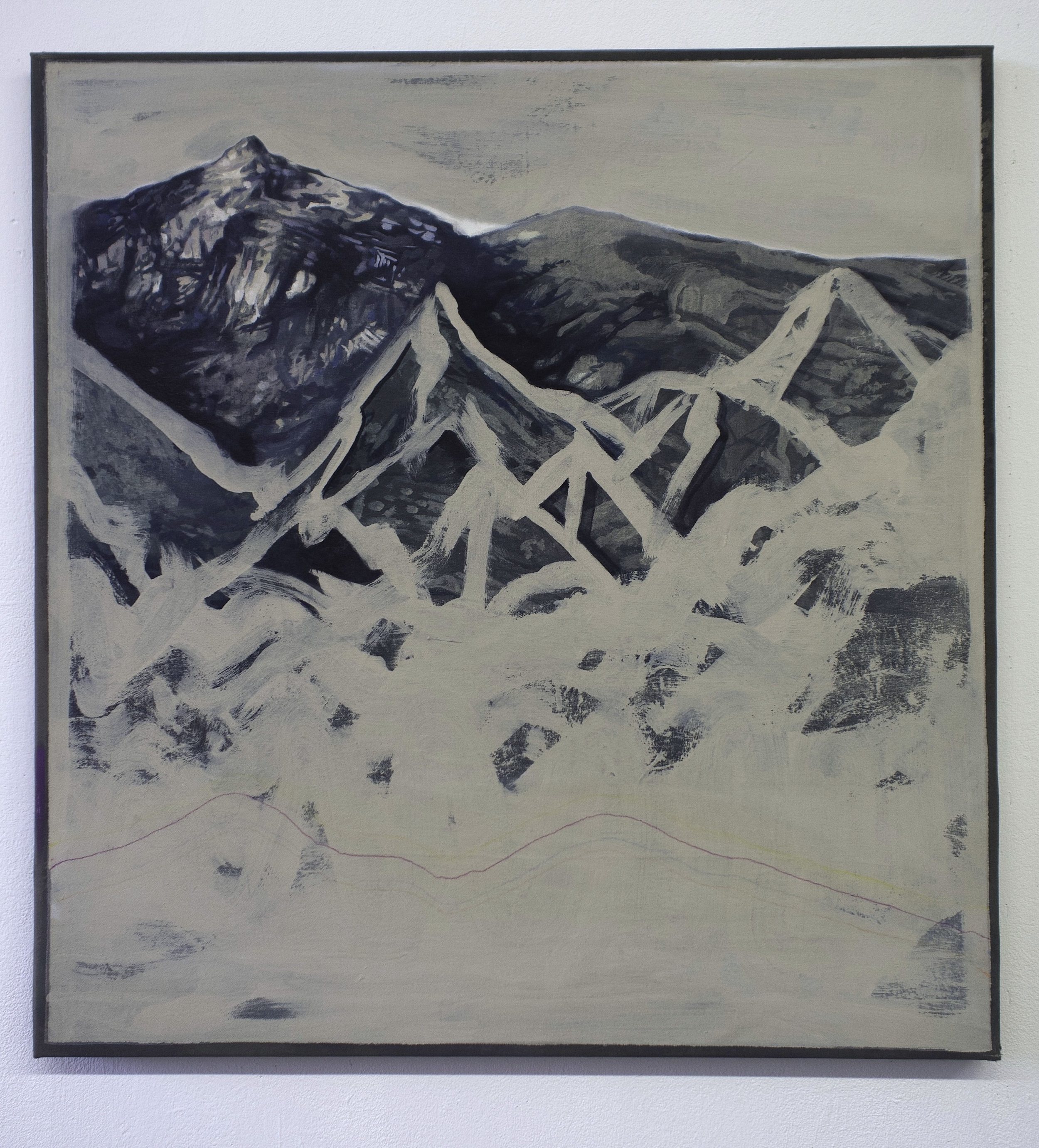 'mountains', oil, acrylic and pencil on canvas, 100x100
