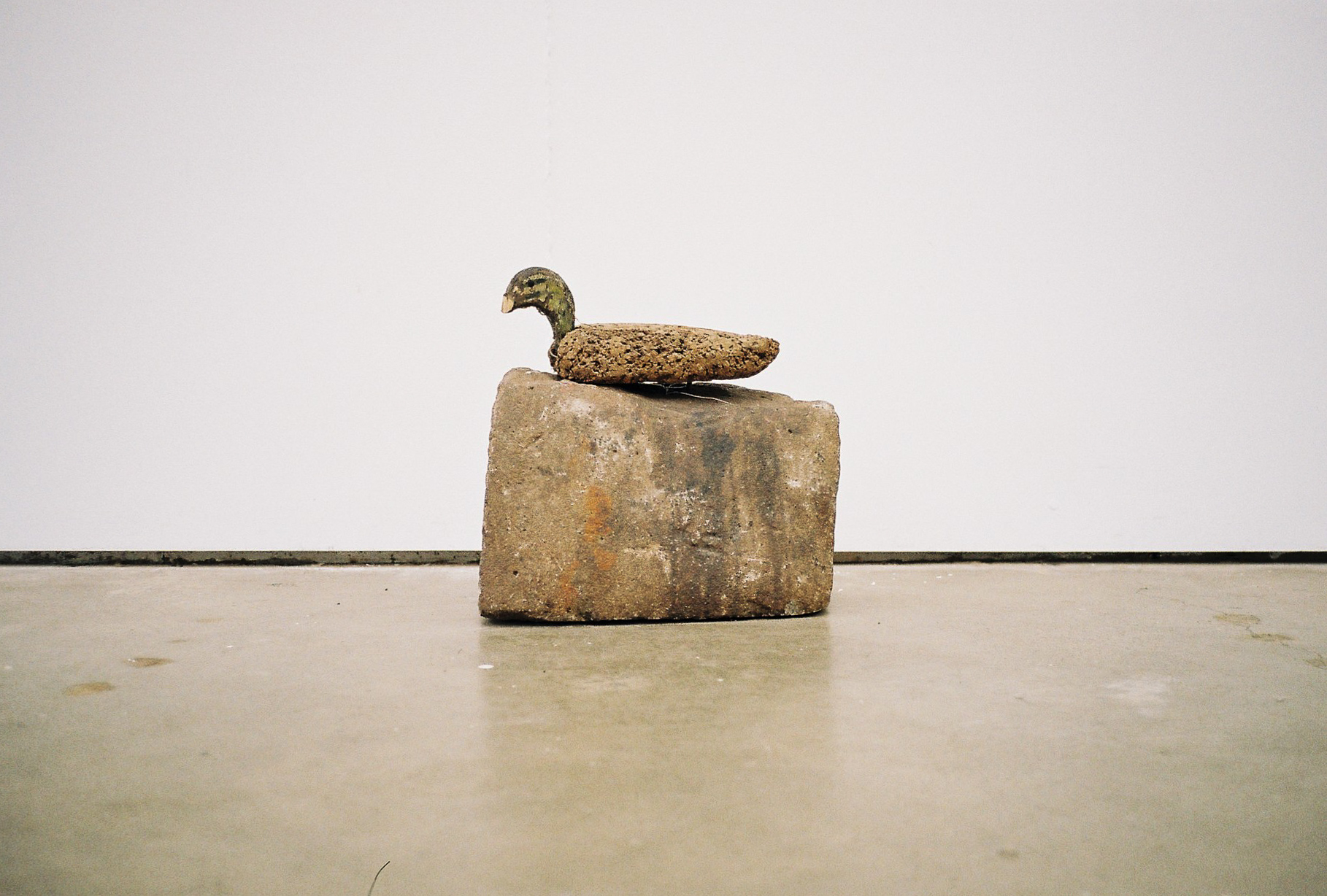 'Duck on a rock', cork, timber, wire, hook, rock, 2019. Photo; Amy Stuart