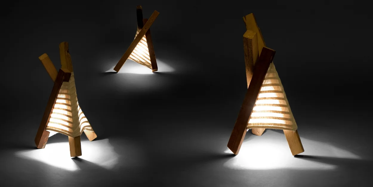   Tipi Lamps  w/ Jasmin Guerrero  reclaimed wood, broad cloth  photo.  Rachel Hanel     