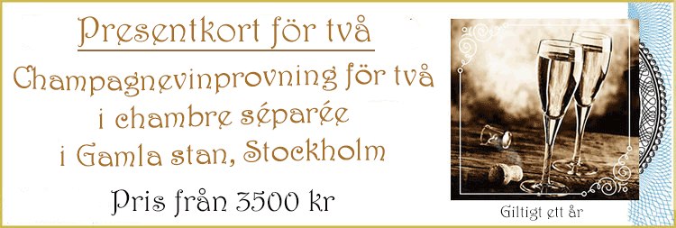 Champagnevinprovning för två i chambre séparée i Gamla stan, Stockholm  med bättre middag kan vi erbjuda de som vill ha lite extra guldkant på tillvaron!  Tillägg: sabrering, årgångs & prestige bubbel! - Fin bröllopspresent Det ultimata bubbel-presentkortet! Gäller för två personer. - Mycket uppskattat! Även Champagneprovning med övernattning i Gamla stan, Stockholm