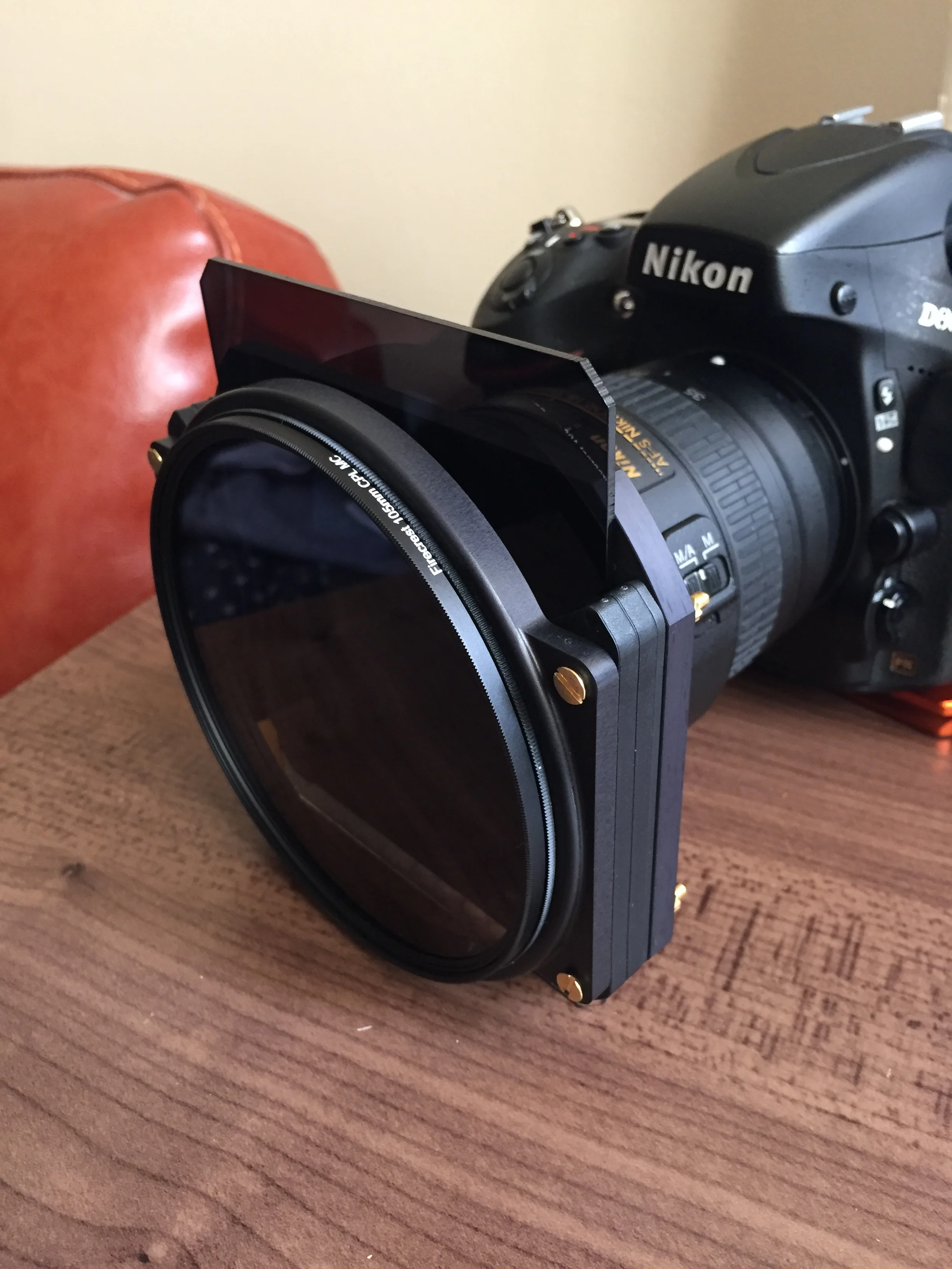 Example image showing 100mm square filter holder and polarising rings fitment to typical DSLR.