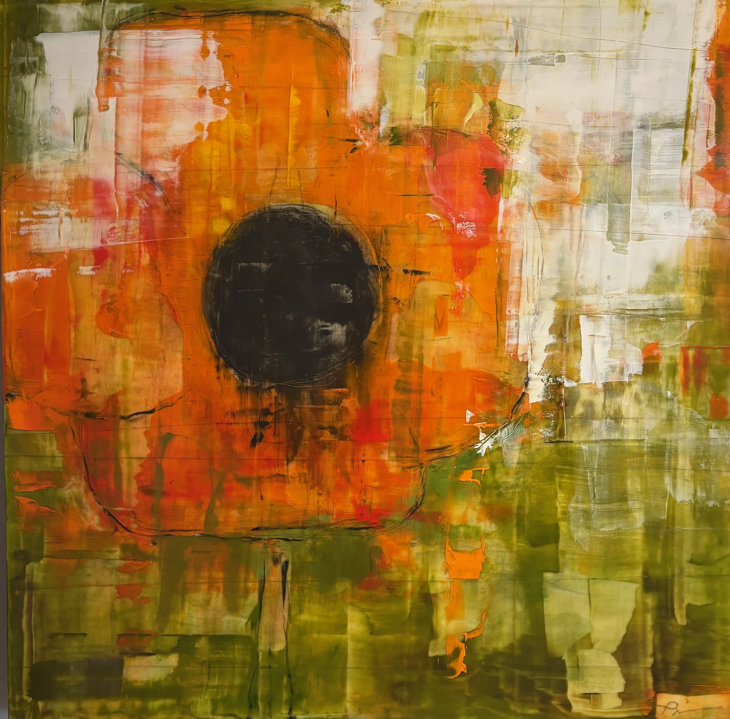 orange and olive poppy 24" x 24"