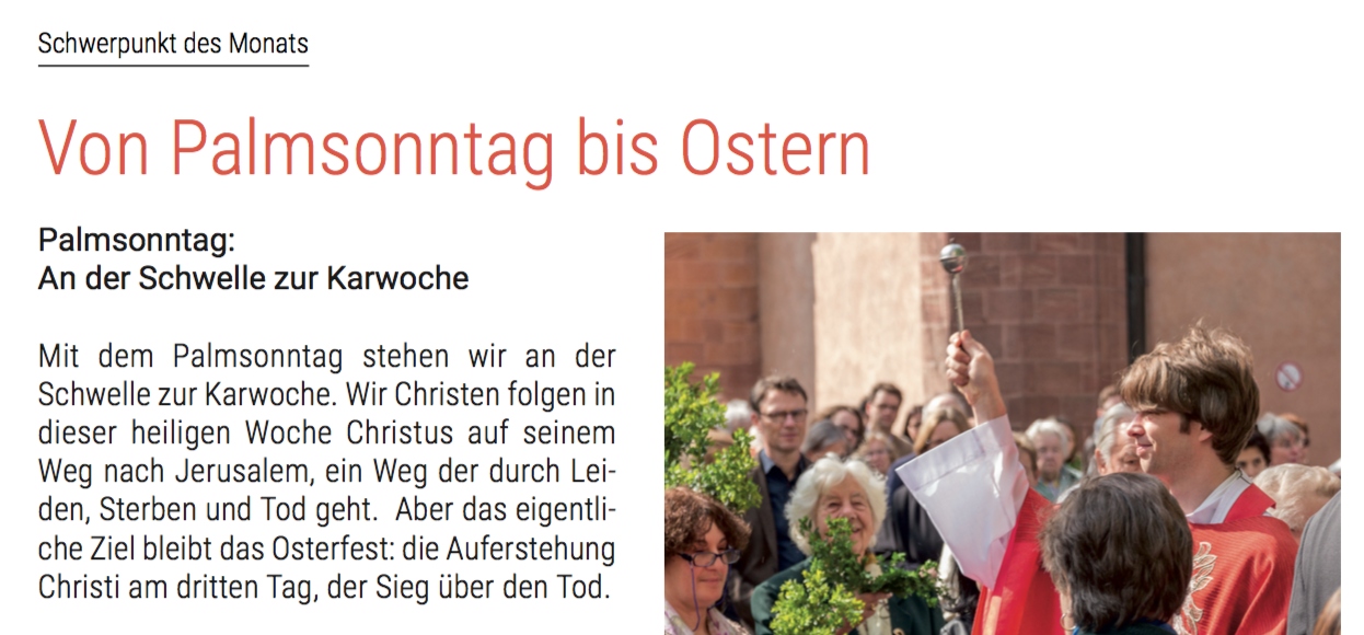 Beispiel für den Aufbau eines Artikels: Ganz oben auf der Seite steht der Themenbereich, gefolgt von der Hauptüberschrift und der Unterüberschrift. Danach folgt der eigentliche Text. Beispiel aus dem Gemeindebrief 4/2015