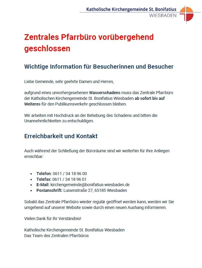 Zentrales Pfarrbüro vorübergehend geschlossen
