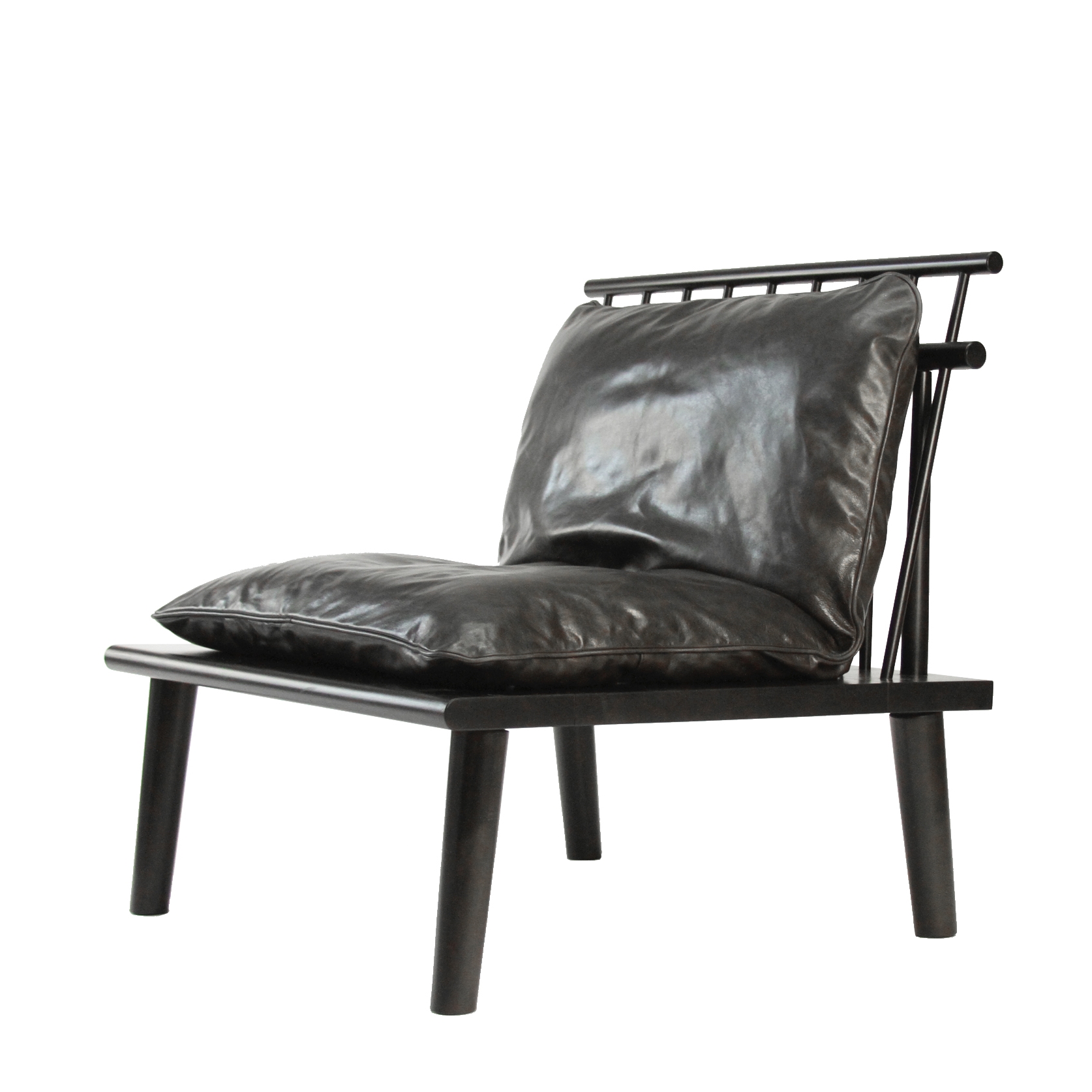 O&G Studio Matunuck Lounge Chair Windsor Contemporary Leather Down Feather Cushion Pad Soft Seating Webbing Mid Century Modern Andrew Mau Designed American Design Interior Braced Seating Ebonized Maple Black Stained Stain