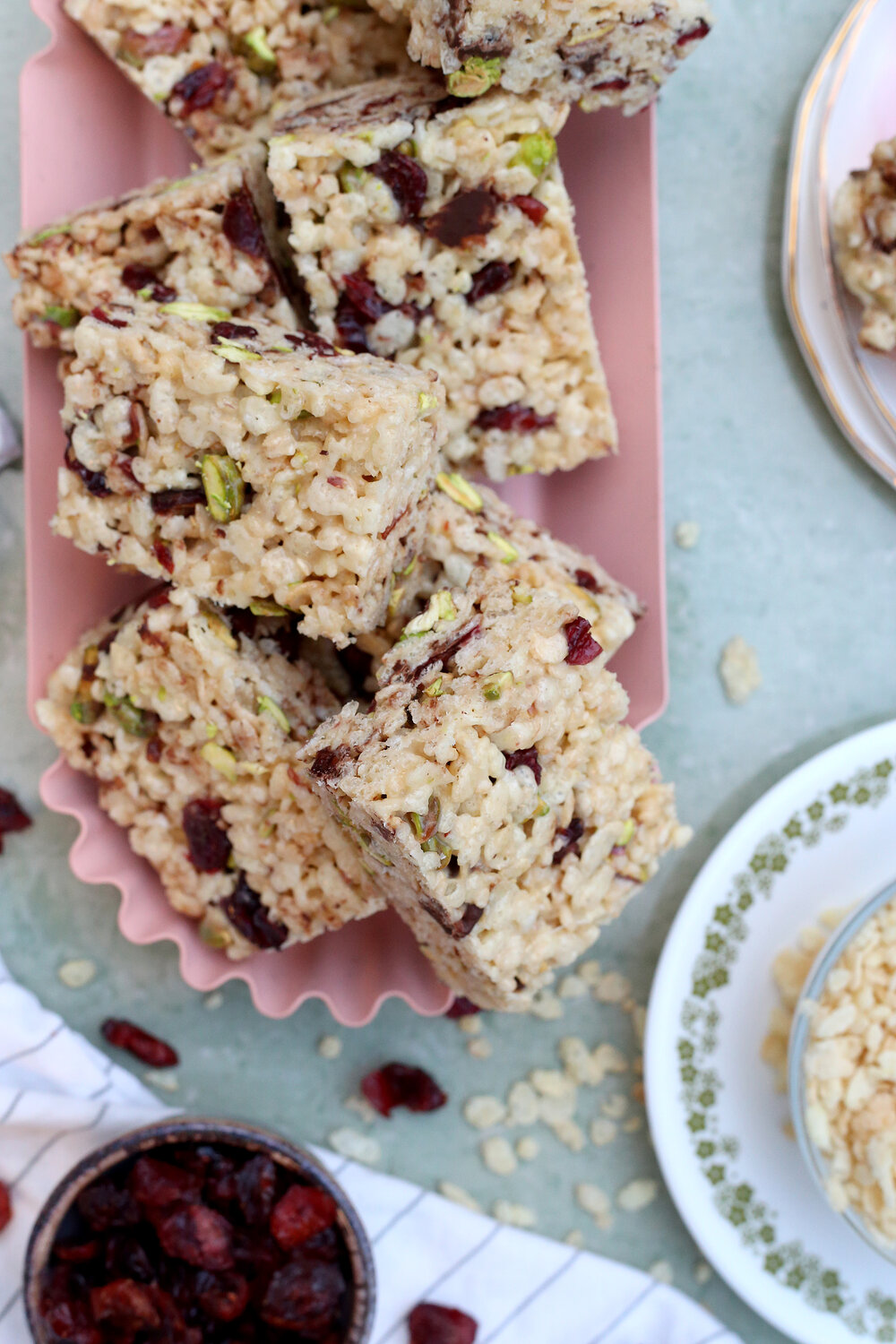 A twist on a childhood treat: Rice Krispie Treats with Cranberries, Pistachios, Dark Chocolate. UnusuallyLovely.com