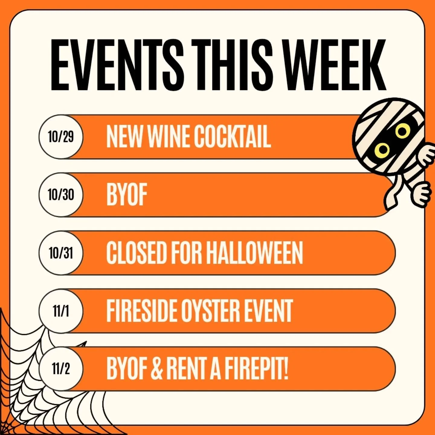 It’s a spooky-good week at the cabin! 👻🍂
Here’s what’s happening at Plank Road Tap Room:
🧡 Wed 10/29 — New Wine Cocktail drop! Come be the first to sip. 🍷✨
🧡 Thu 10/30 — Bring Your Own Food! Grab takeout and we&rsq