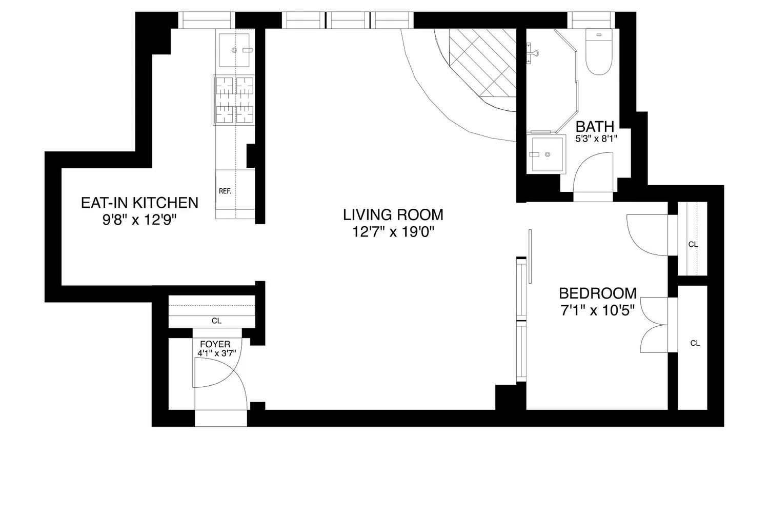 Floor plan of an apartment showing an eat-in kitchen, living room, bedroom, bathroom, and foyer with layout, room dimensions, and closet locations.