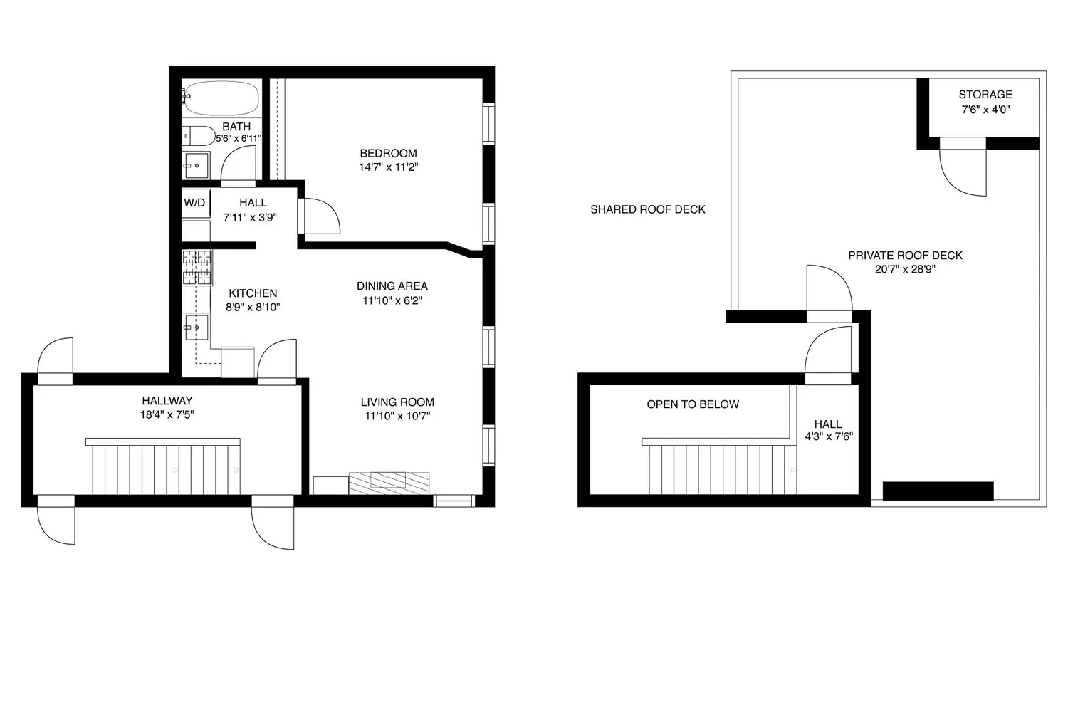Two-story house floor plan showing a first floor with a hallway, living room, dining area, kitchen, bedroom, bathroom, and laundry area, and an upstairs with a private roof deck, storage, and an open below area.