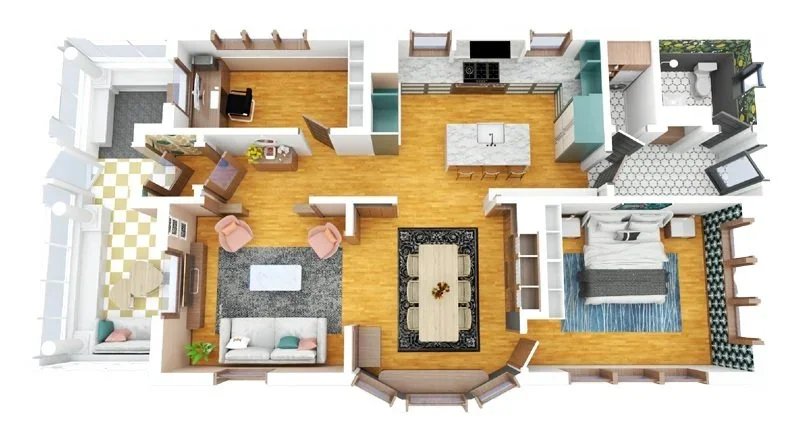 3D floor plan of a house showing living room, kitchen, dining area, bedroom, bathroom, and patio with outdoor seating.