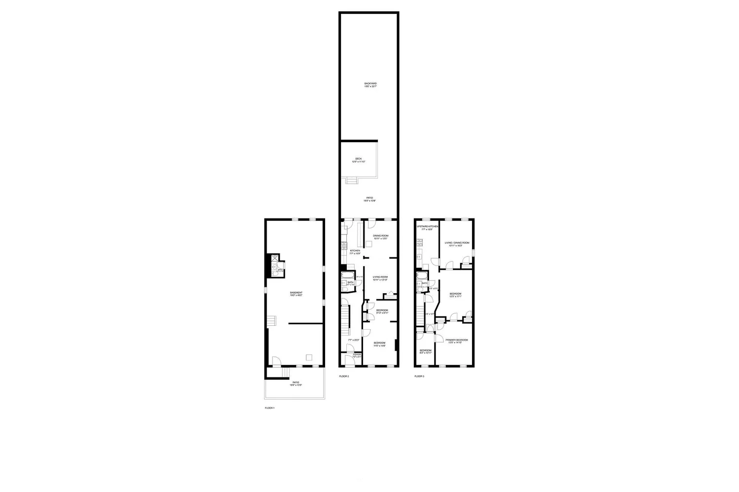 Floor plan of a multi-level house with three floors, a basement, a patio, a deck, and a backyard.