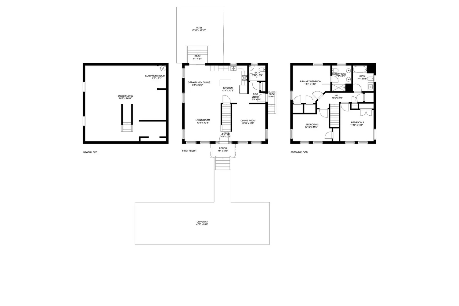 Floor plan of a multi-story house with a lower level, first floor, and second floor, including rooms such as a living room, kitchen, bedrooms, bathrooms, decks, porch, and driveway.