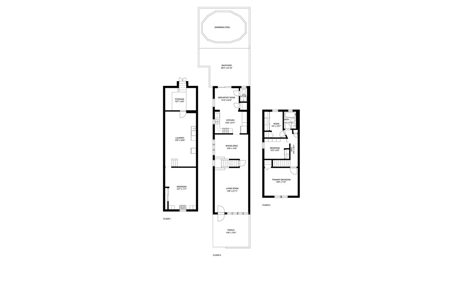 Floor plans of a multi-level house with labeled rooms including bedrooms, bathrooms, living, dining, kitchen, laundry, storage, porch, backyard, and swimming pool.