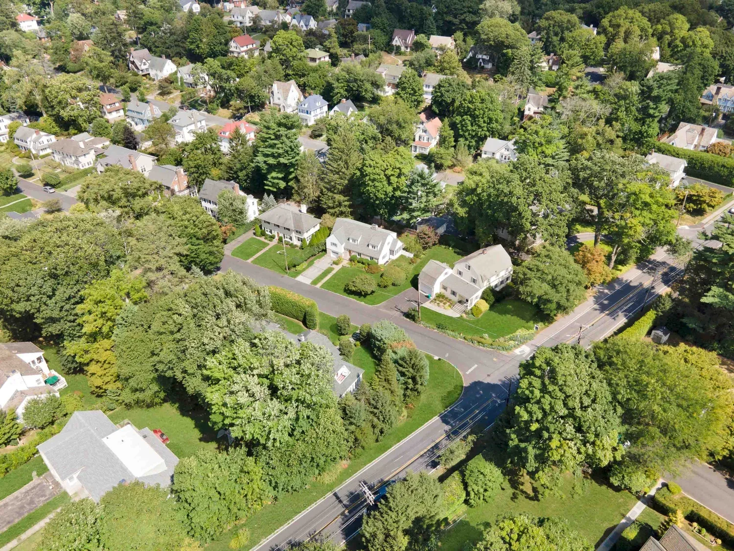 Aerial view of a suburban neighborhood with numerous houses surrounded by green trees and well-maintained yards, intersected by streets and lined with utility poles.