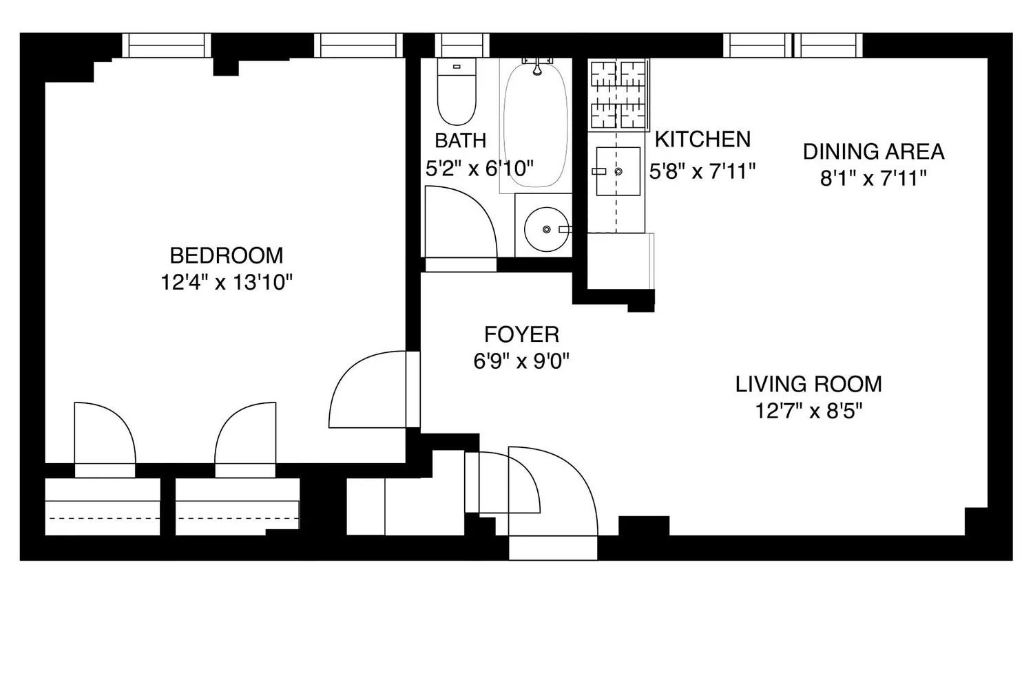 Floor plan of an apartment with labeled rooms including bedroom, bathroom, kitchen, dining area, living room, and foyer, with room dimensions provided.