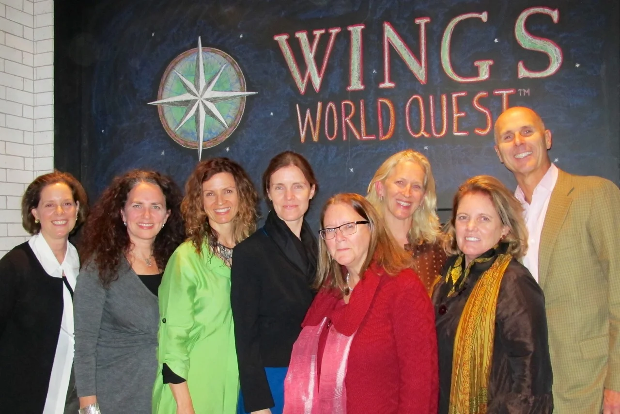 Board Member Claire Werner, Board Chair Karen Zieff, Wings Fellow Jane Poynter, Board Member and Fellow Maya Tolstoy, Board Treasurer, Mary Britt, Board member Diane Tery, Wings Founder, Director, Fellow Milbry Polk, Bruce Terry. At the Terry's home for the October Presentation of Fellow Jane Poynter