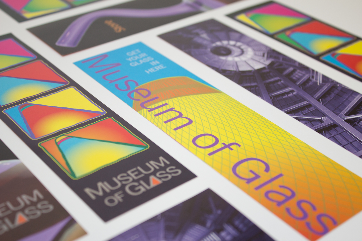 Hand-drawn illustrations in colors reflecting the vibrancy of the glass artwork created on-site captured the excitement at the heart of the Museum of Glass.