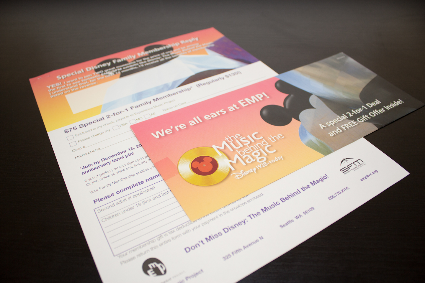 Iconic imagery melded together to created an instantly recognizable campaign graphic for the Music behind the Magic exhibit of Disney memorabilia.