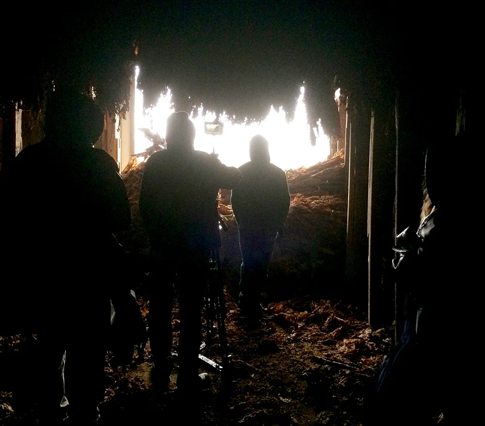 Crew inside a Tobacco Barn during our winter shoot