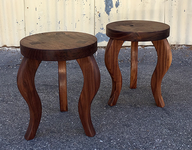 Stools with Wedged Tenon, Claro Walnut Seats, Eastern Black Walnut Legs