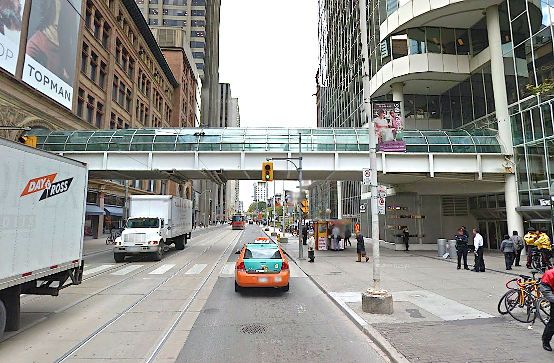This footpath between Toronto Eaton Centre and Hudson's Bay/Saks will be renovated as part of the deal. Image: Google Streetview&nbsp;