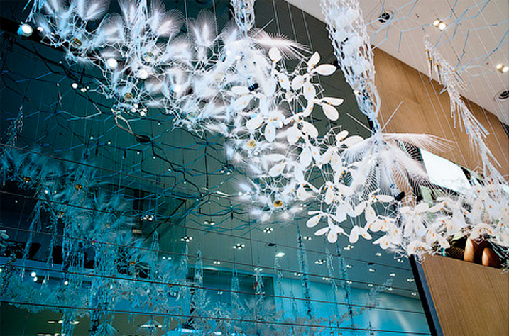 Canadian artist and architect Philip Beasely created ' Simons Aurora ',a stunning canopy of crystalline columns that form a gently swelling and rippling ocean of light. Photo credit: Steve Tsai Photography