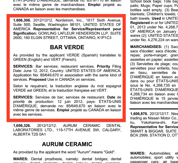 Excerpt from the April 16 2014 Canadian Trade-Marks Journal.