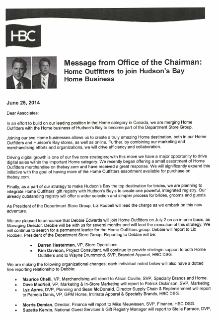 First page of the memo from HBC's Office of the Chairman.