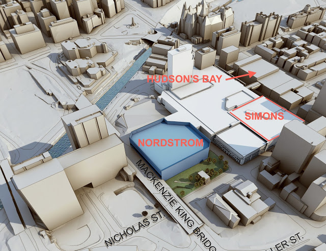 Nordstrom's 157,000 sq ft Ridea Centre store will occupy levels 2 and 3 of the mall's former Sears store. Image adapted from Nordstrom rendering. 