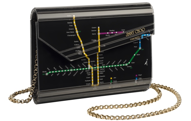 Limited edition Jimmy Choo handbag, featuring TTC subway map. $1,095. Photo: Yorkdale Shopping Centre. 