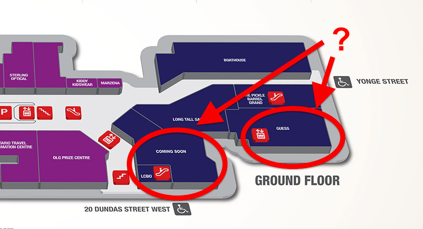 Canada'a first Muji store will either replace Guess Jeans, which recently closed, or locate in retail space fronting Dundas Street West. Click this image for the entire Atrium on Bay floorplan. 
