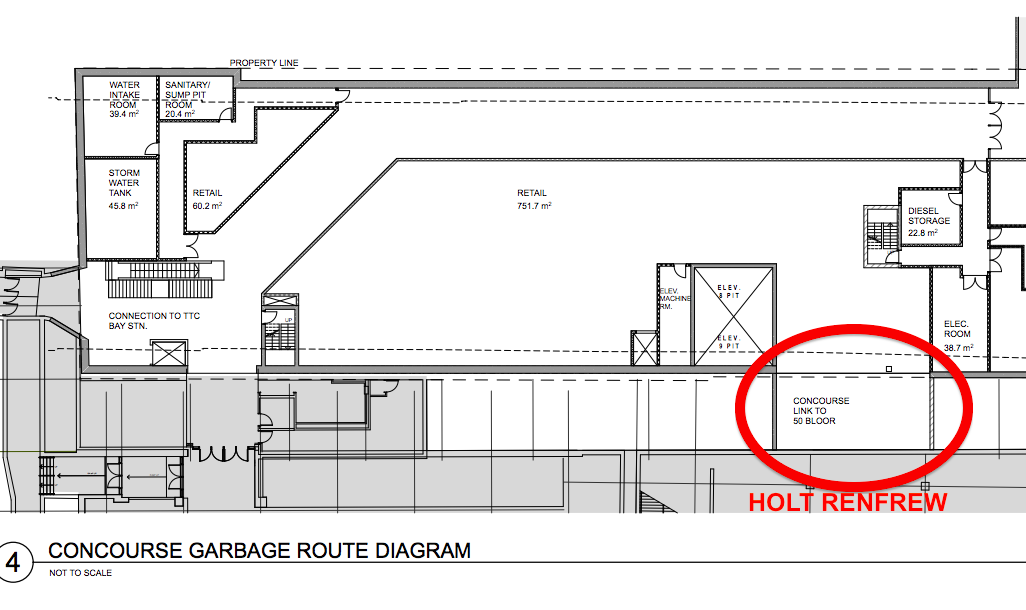 Plans indicate a lower-level link between the new 37,000 square foot retail space and the existing Holt Renfrew flagship. Plan: architectsAlliance.