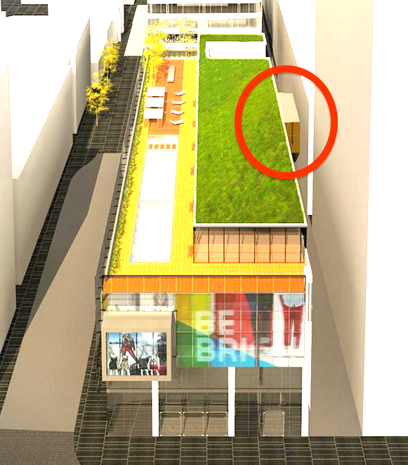 Rendering showing the Bay Street frontage of the new Cumberland Terrace. A connection between the retail component and Holt Renfrew at 50 Bloor Street West is circled in red. Rendering: architectsAlliance
