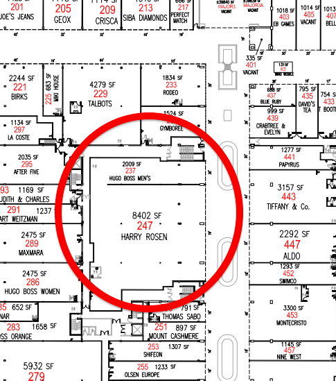 Harry Rosen occupies almost 8,500 sq ft, plus an additional 2,000 sq ft for its Hugo Boss shop-in-store. Click image for full Oakridge Centre lease plan. 
