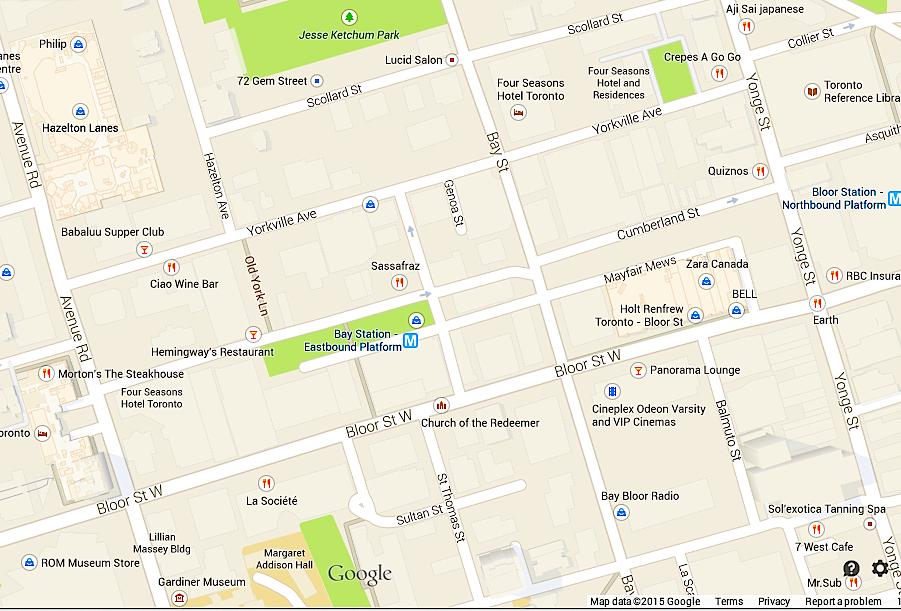 Toronto's 'Mink Mile' and adjacent Yorkville area, via Google Maps. 