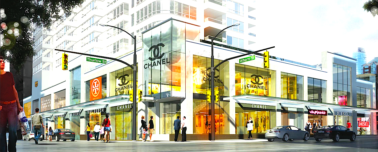 Rendering of 'The Carlyle' in Vancouver, via landlord Concord Pacific. NOTE: Chanel, David Yurman, Vapiano and Diesel are not confirmed as tenants. 