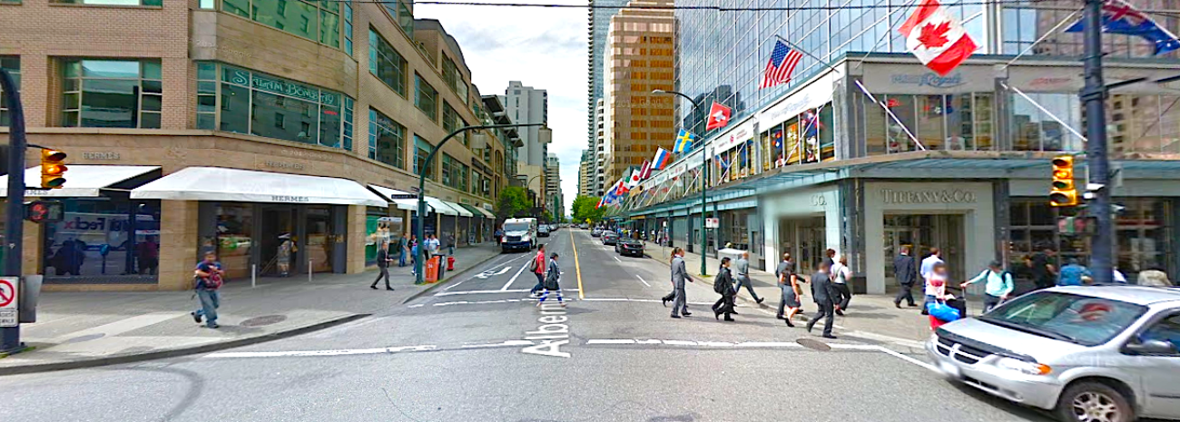 Vancouver's Burrard/Alberni intersection, looking West. Photo: Google Street View screen capture. 