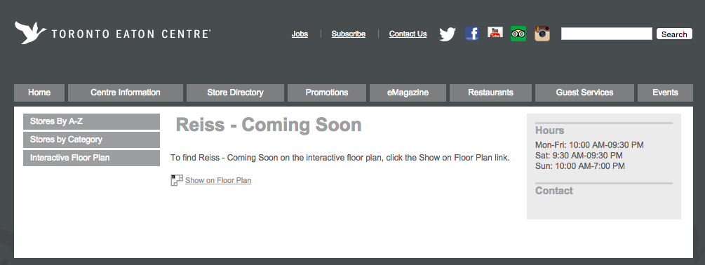 Screen shot - Toronto Eaton Centre website.