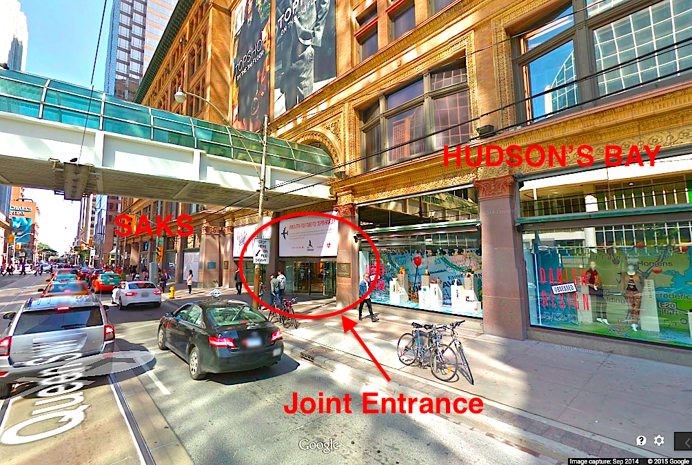 View from Queen St., looking east towards Yonge St. Photo: Google Street View screen capture.