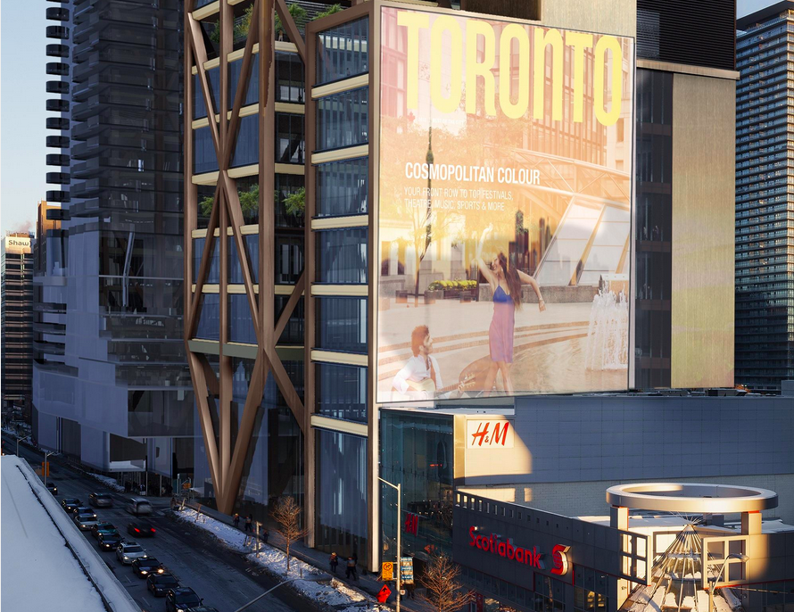 The retail podium looking east along Bloor Street, as seen from the rooftop of Holt Renfrew. Rendering: Mizrahi Developments