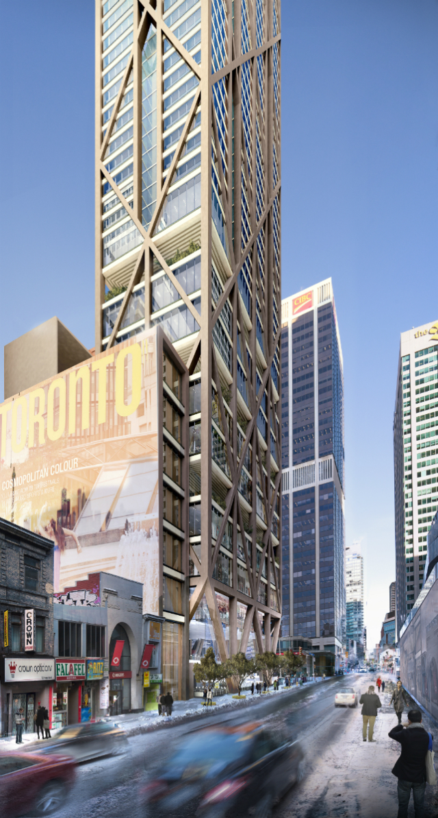 The tower looking northward along Yonge Street, as viewed from the intersection of Yonge Street and Hayden Street. Rendering: Mizrahi Developments