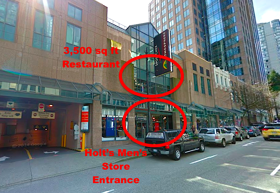 Holt's men's department will gain its own entrance on Howe Street, with a restaurant to be located above. Photo: Google Street View Screen Capture.