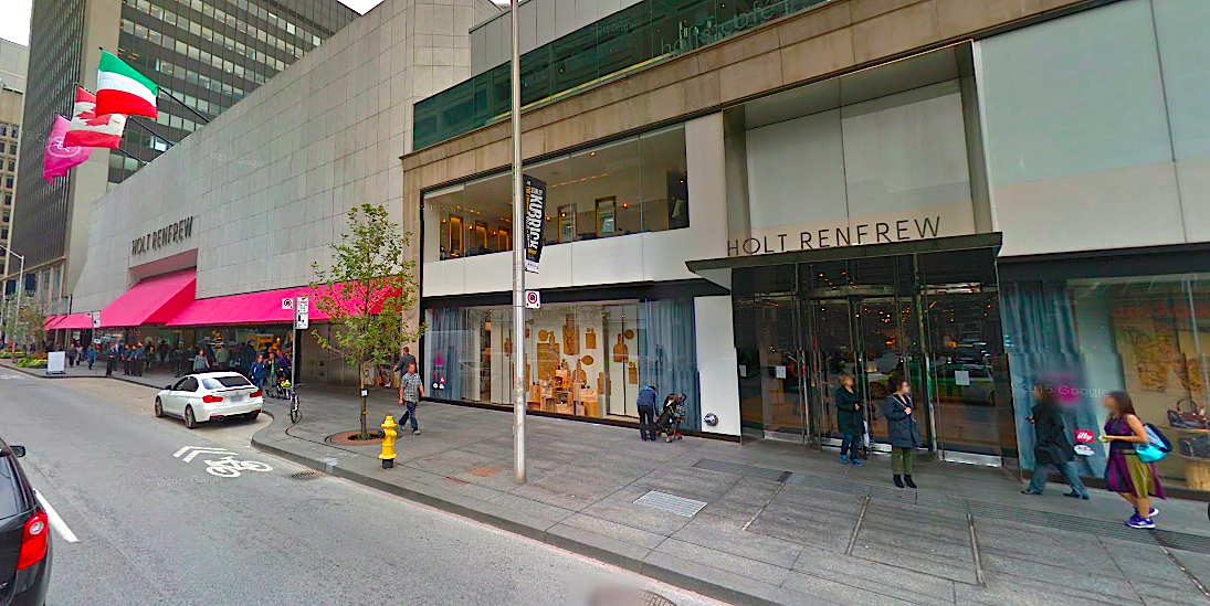Sources say that Prada may get a ground-level concession with its own street front entrance on the east side of Holt Renfrew's Bloor Street flagship. Chanel could anchor the western portion of the store in a similar fashion, according to sources. Photo: Google Street View screen capture. 