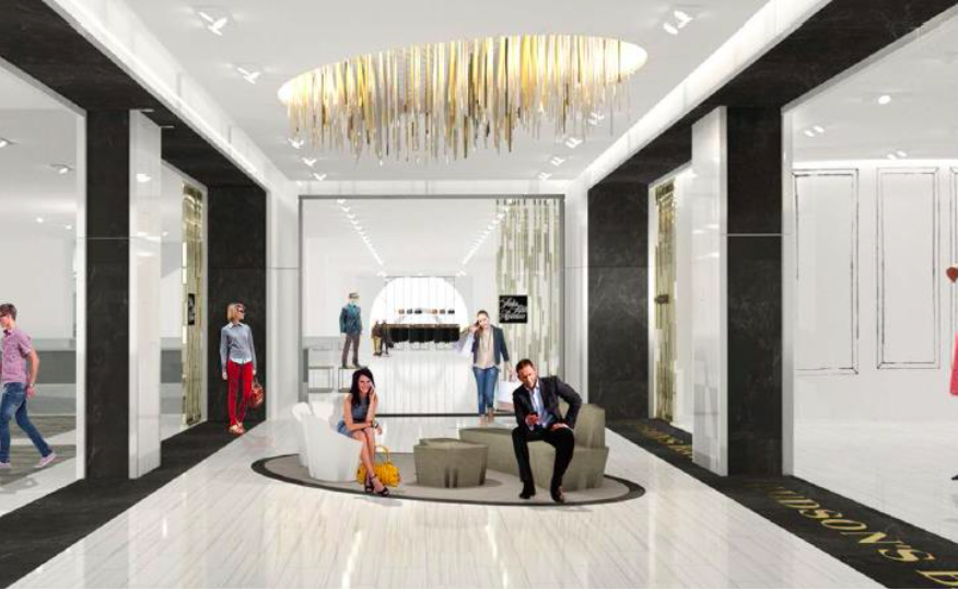 Second-floor entrance via Eaton Centre pedway, showing Saks on the left and front, Hudson's Bay on the right. Rendering: Hudson's Bay Company