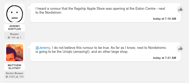Buzz Buzz Home screen capture, discussing the possibility of an Apple Store flagship opening at One Bloor Street West. 