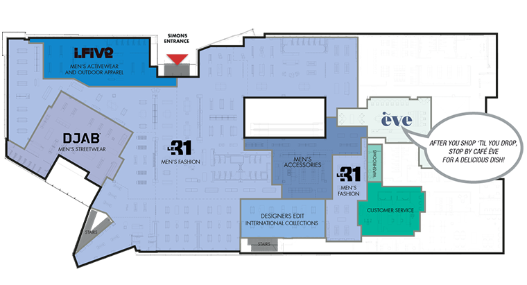 Mezzanine level, Simons Park Royal, featuring designer men's department.&nbsp;